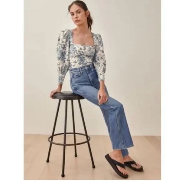 Reformation Stilton Linen top pompadour Blue White Floral Bird print New Size 8 - Picture 2 of 10